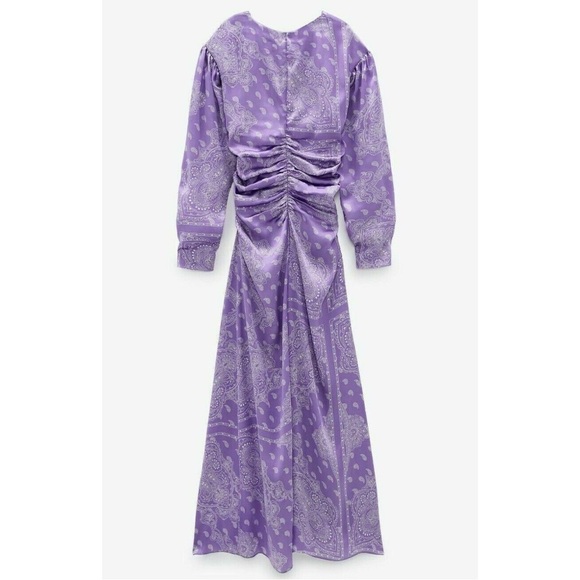 Zara Paisley Maxi Dress Womens Purple Long Slit Satin Long Sleeve Summer Medium - Picture 8 of 15
